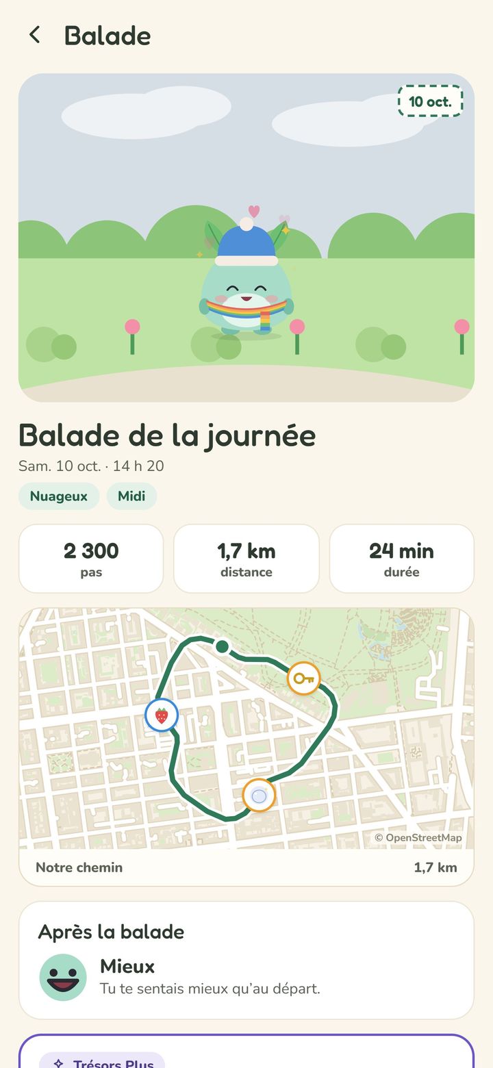 Détail d'une balade : 2 300 pas, 1,7 km, 24 min et la carte du chemin